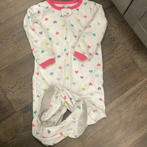 3 T fleece sleeper with pink, green, silver and yellow heart print